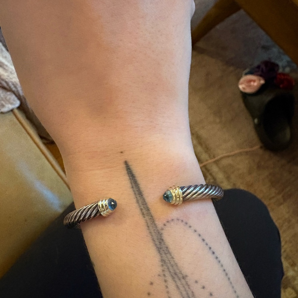 David Yurman Silver and Gold Cable Bracelet with Blue Topaz 5mm size small